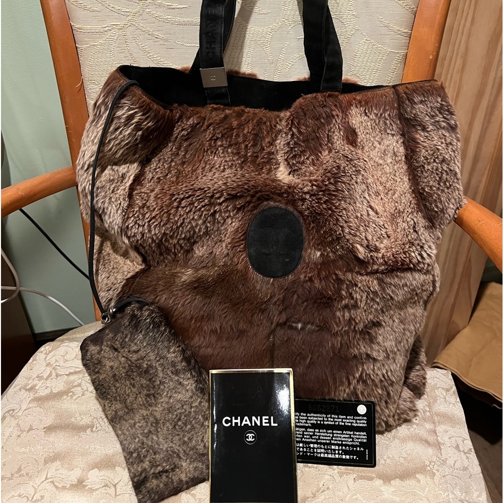 Sold! CHANEL Brown Rabbit Fur and Black Suede Tote Hand Bag